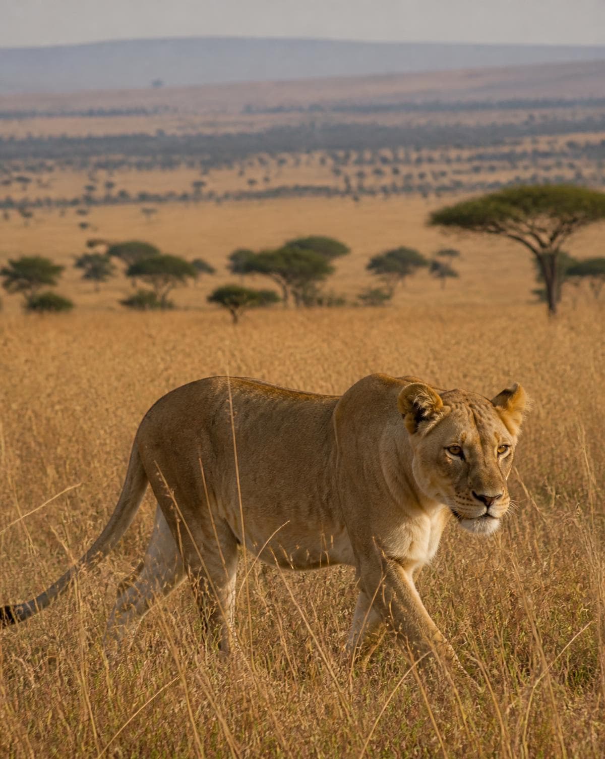 Lioness walking through tall golden grass on the open savanna