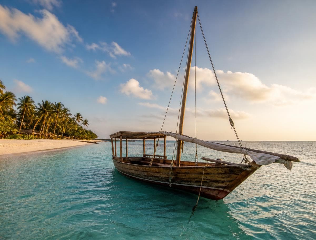 Wooden dhow moored on clear turquoise water beside a white sand beach