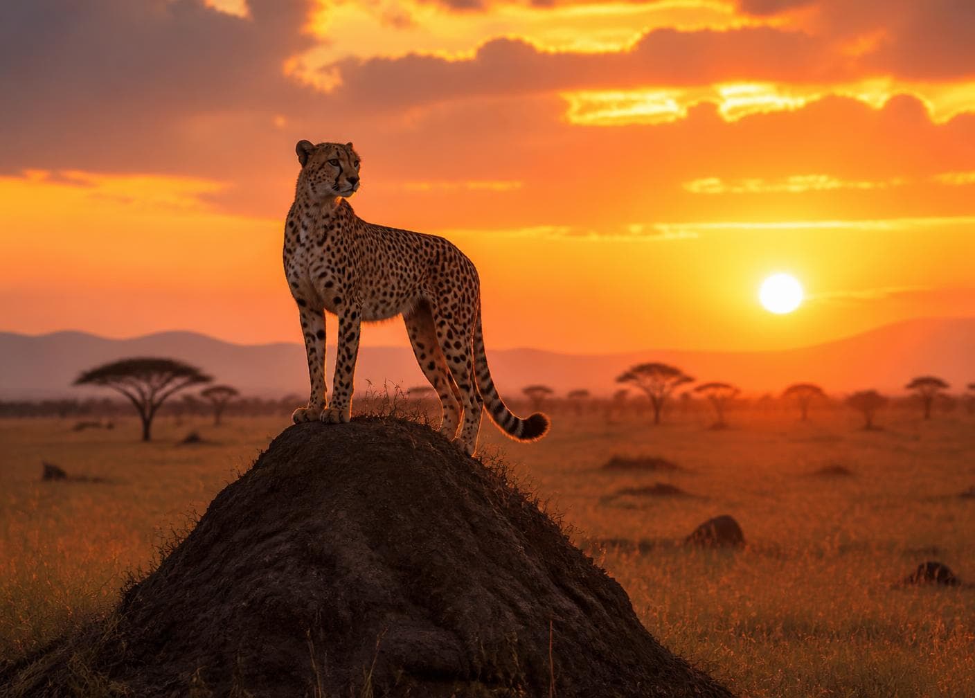 Cheetah standing on a termite mound at sunset
