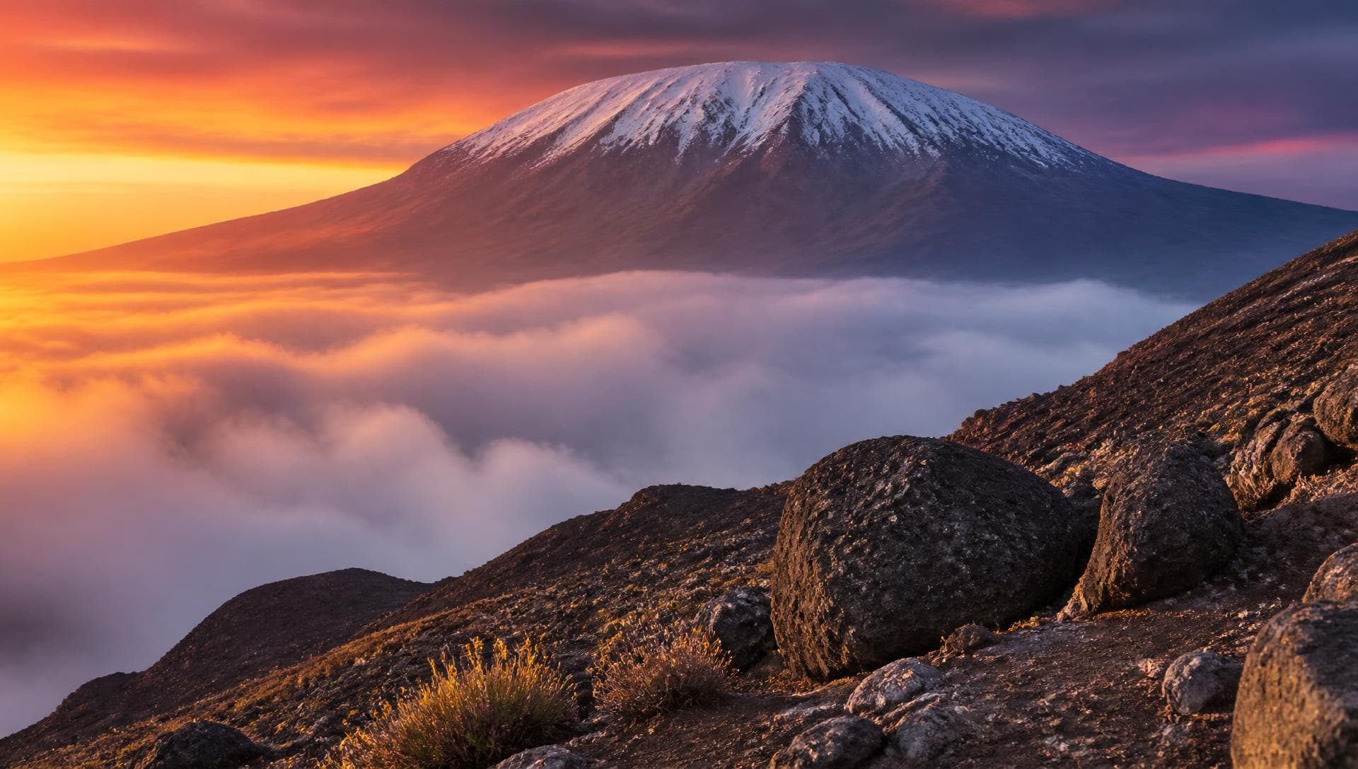 Snow-capped peak of Kilimanjaro rising above a sea of cloud at sunrise