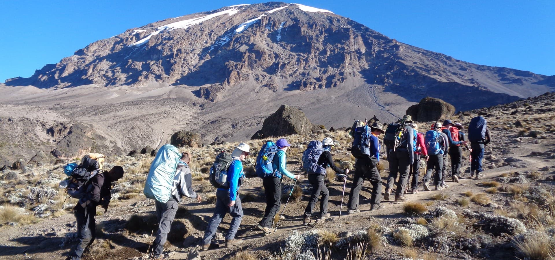 Trekkers climbing a rocky section of the Lemosho route on Kilimanjaro