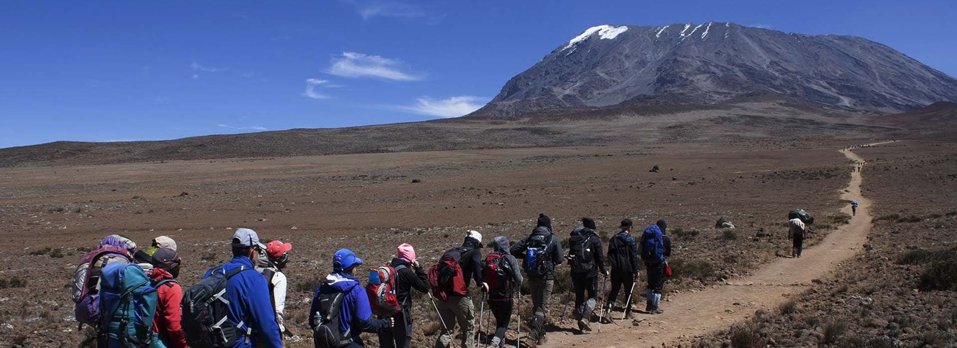 Trekkers walking a dusty trail below the snow-capped summit of Kilimanjaro