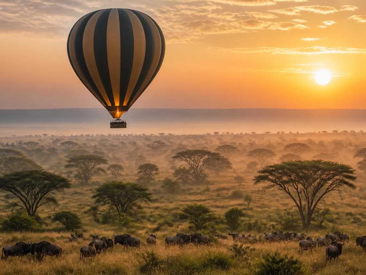 Hot-air balloon drifting over acacia-dotted grassland at dawn