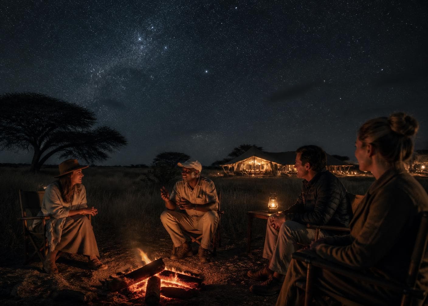 Travelers sharing stories around a campfire beneath the stars