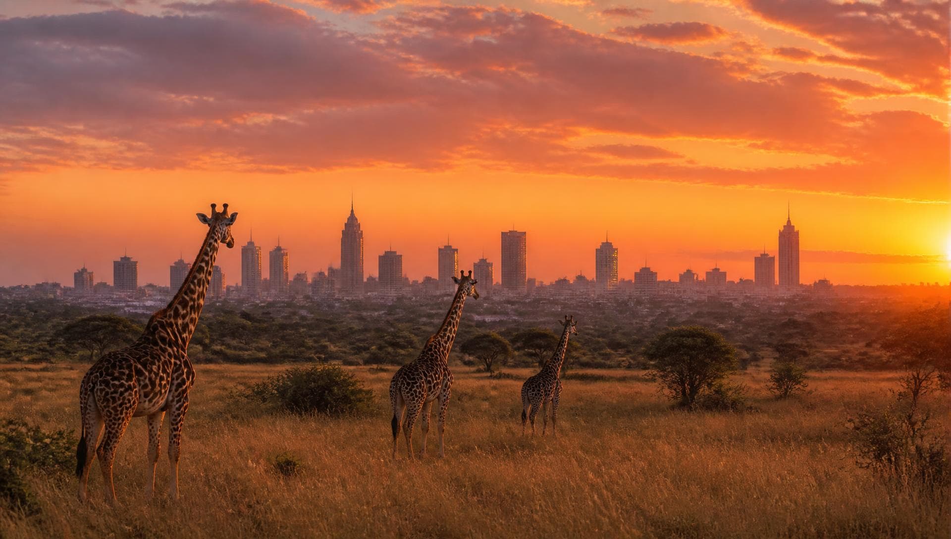 Giraffes on grassland with the Nairobi city skyline behind at sunset