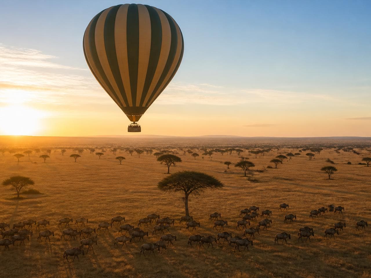 A balloon drifting low over the Serengeti at first light