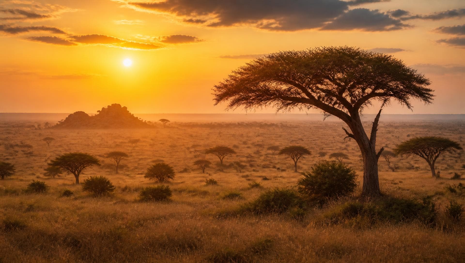 Sunrise over the Serengeti plains with acacia trees and a distant kopje