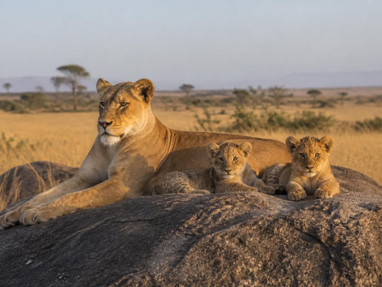 Lioness and cubs resting on a rock in the Serengeti